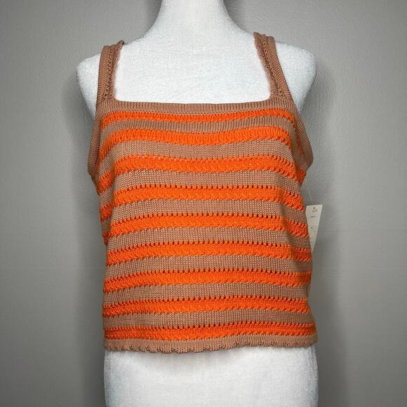 NWT Anthropologie Flat White Knit Cropped Tank Top Sz Large Orange Brown Striped - Picture 1 of 9